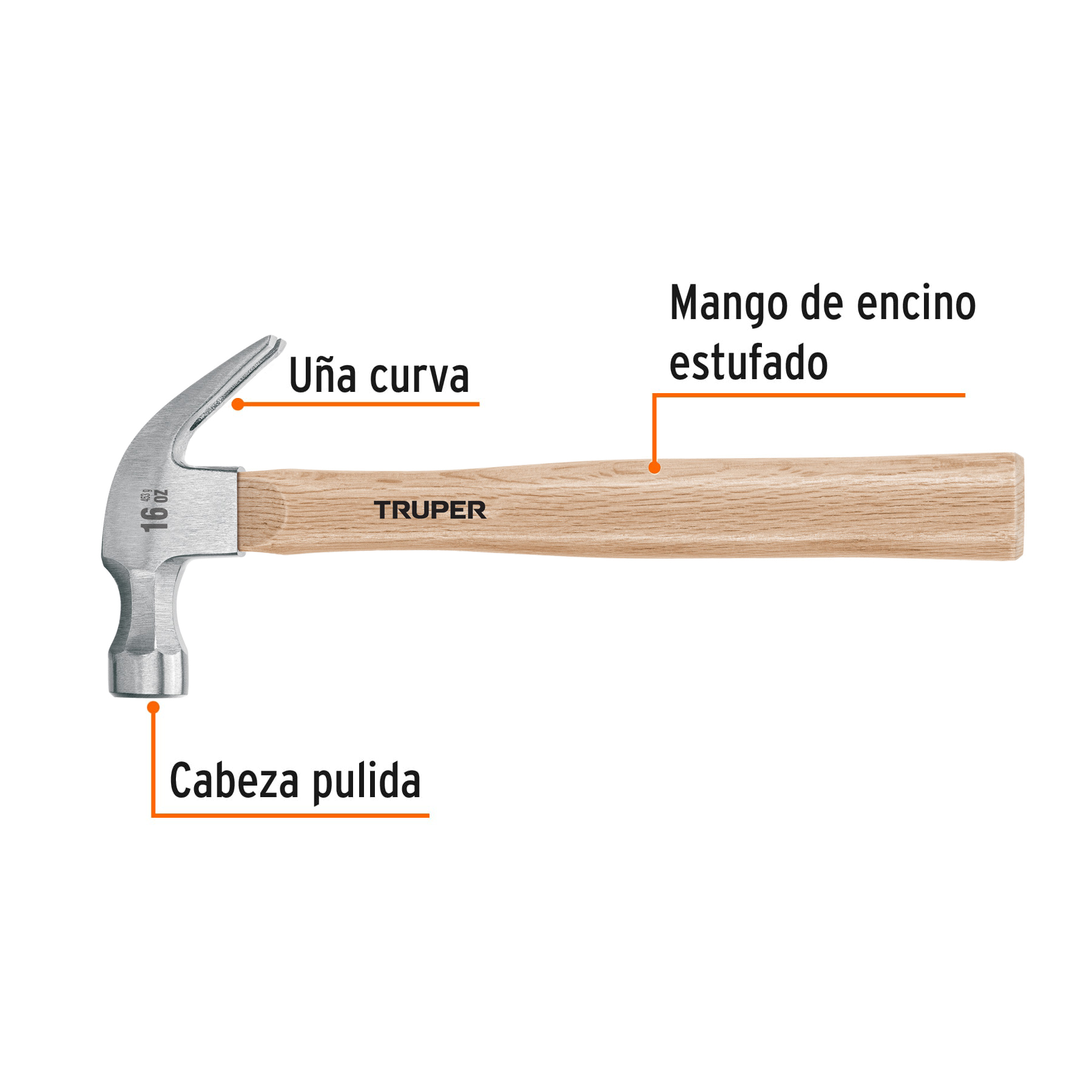 Martillo pulido, 16 oz, uña curva, mango madera, TRUPER - Imagen 3