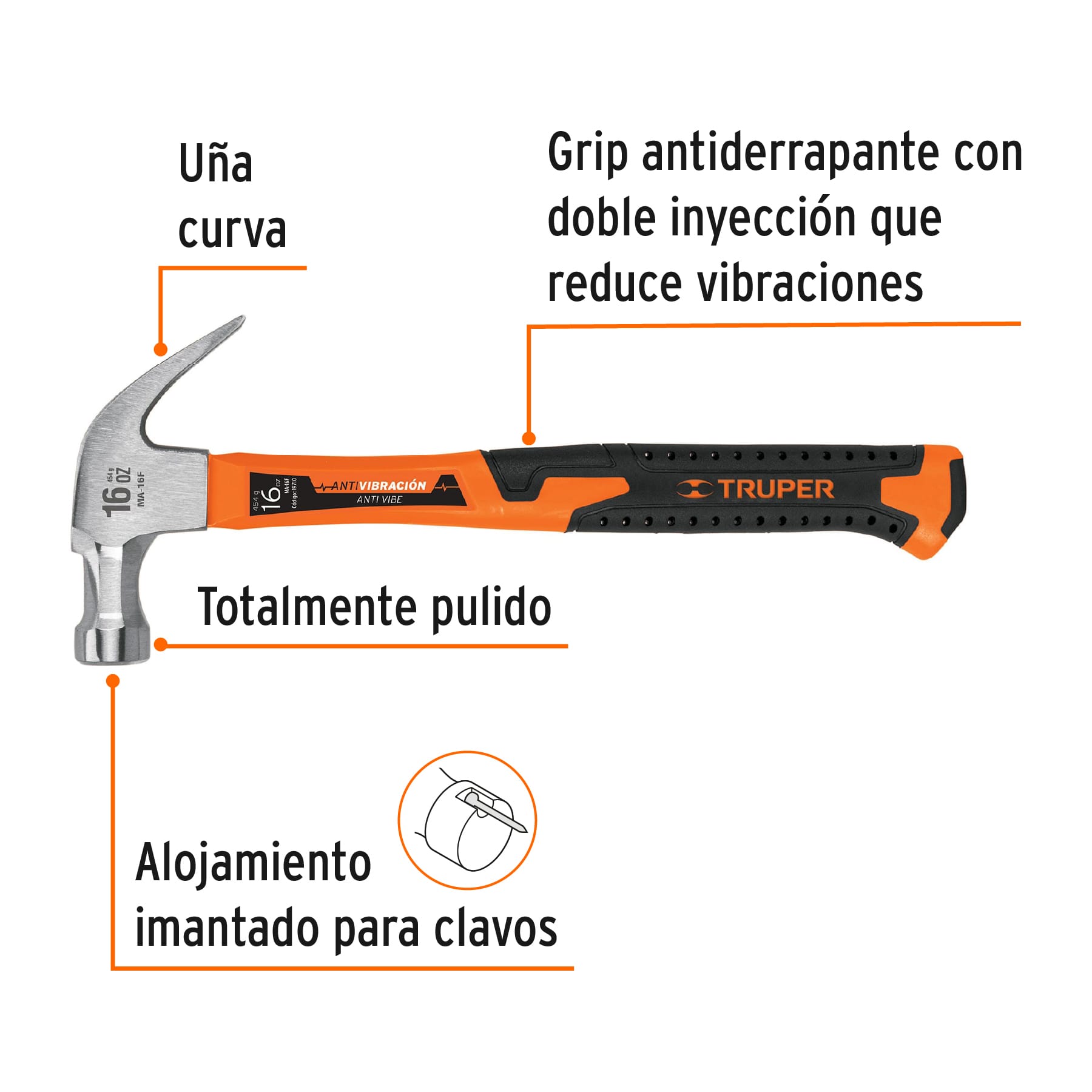 Martillo 16 oz uña curva, mango fibra de vidrio, TRUPER - Imagen 3