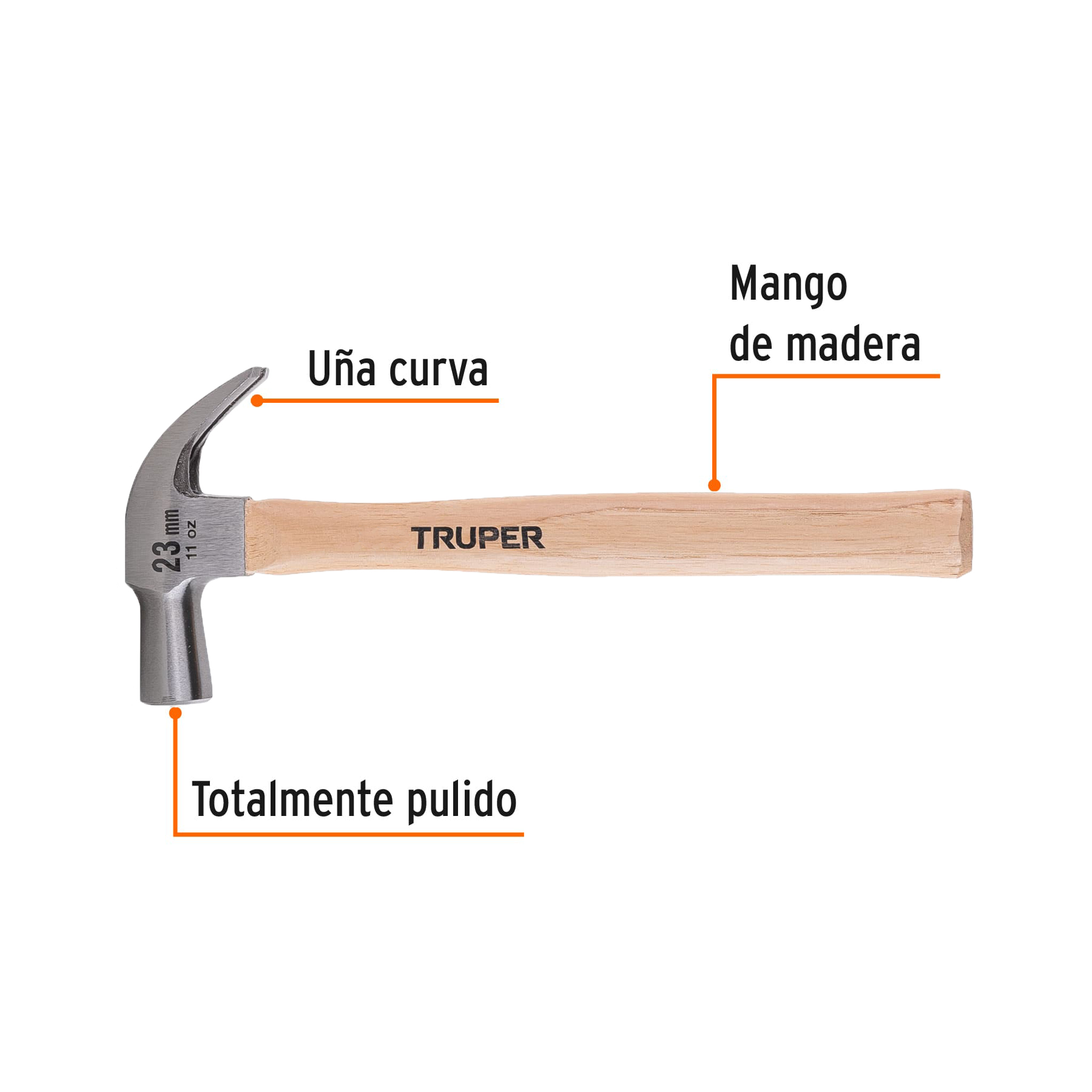 Martillo cabeza cónica 23 mm uña curva, mango madera, TRUPER - Imagen 3