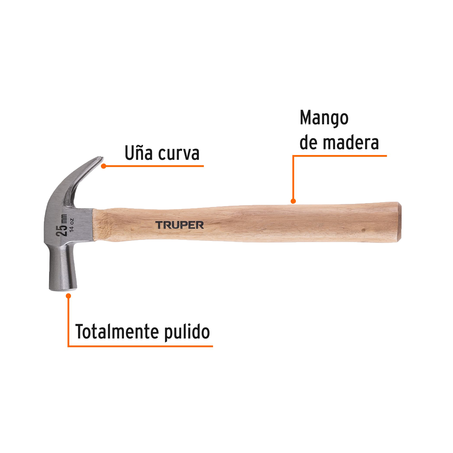 Martillo cabeza cónica 25 mm uña curva, mango madera, TRUPER - Imagen 3