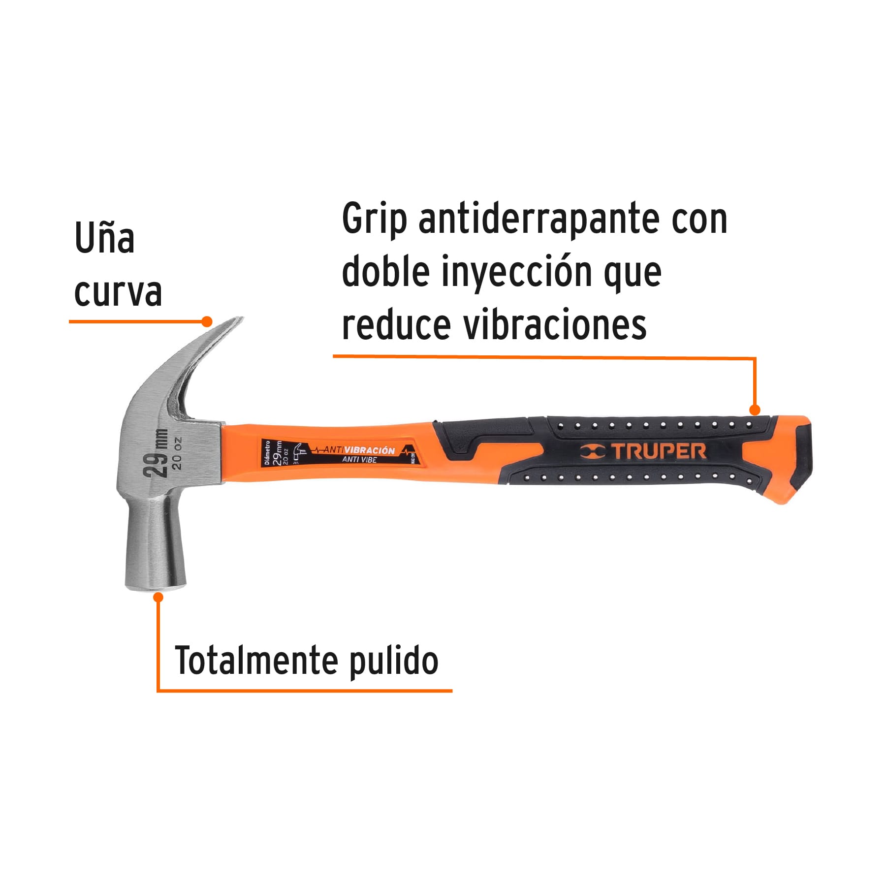 Martillo cabeza cónica 29 mm uña curva, mango fibra vidrio - Imagen 3