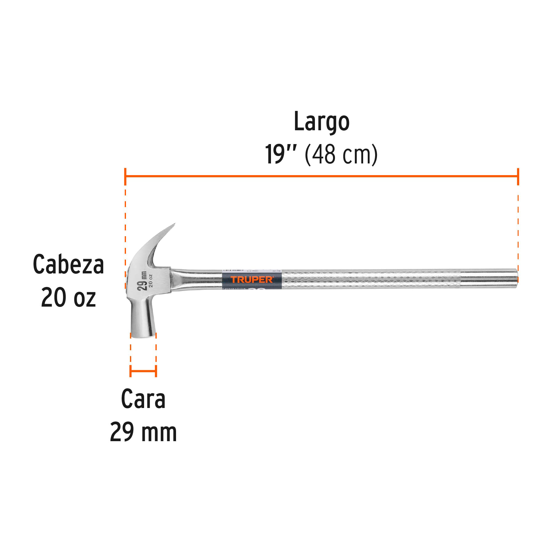 Martillo cabeza cónica 29 mm uña curva, mango tubular,TRUPER - Imagen 4