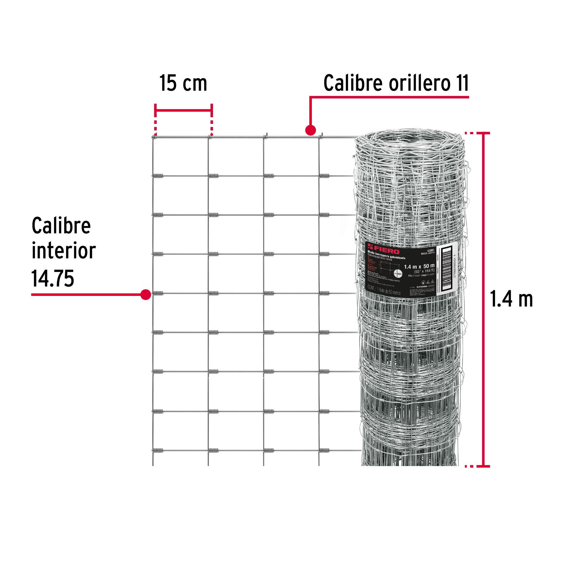 Rollo malla borreguera, 1.4m x 50m acero galvanizado, 26kg - Imagen 4