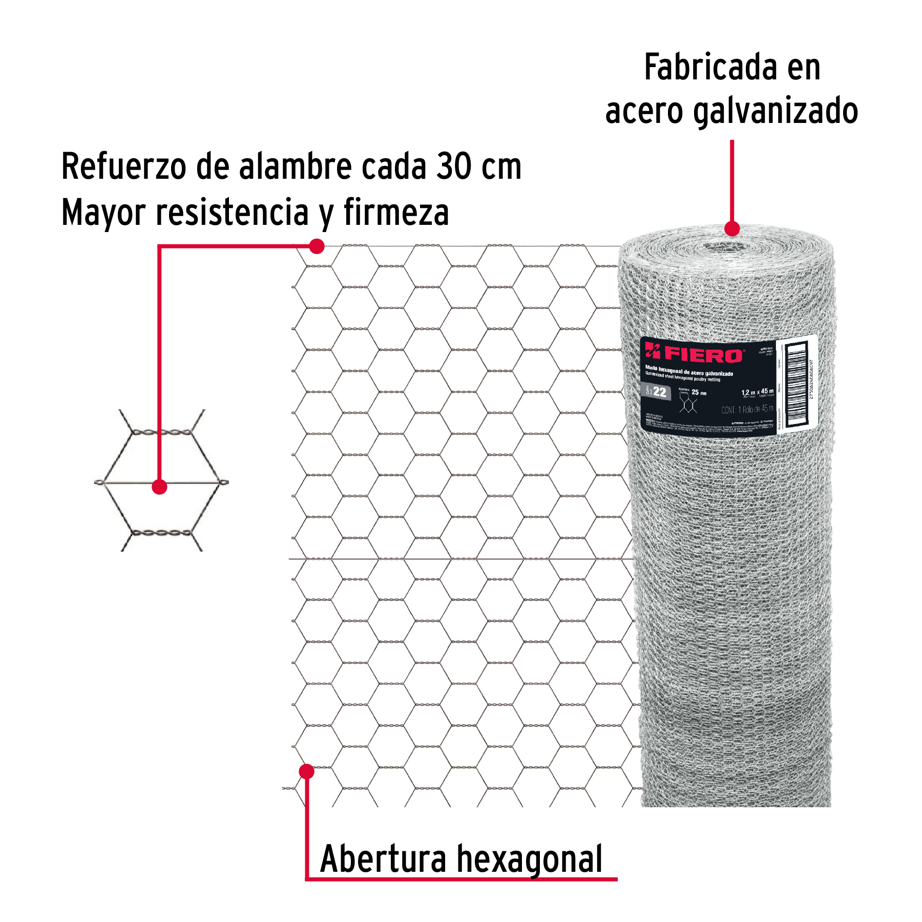 Rollo malla hexagonal cal.22, 1.2x 45m, abertura 25mm, 16kg - Imagen 3