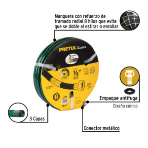 Manguera 1/2' reforzada 3 capas conexiones metal 10m, PRETUL - Imagen 3