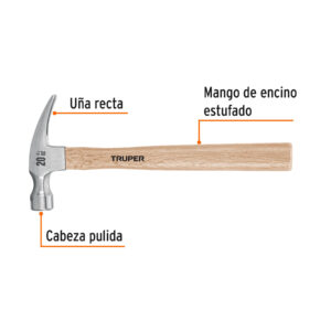 Martillo pulido, 20 oz, uña recta, mango madera, TRUPER - Imagen 3