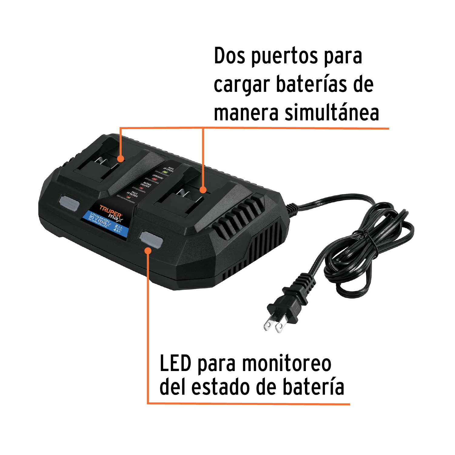 Cargador dual de baterías de ion litio 20V, TRUPER MAX - Imagen 3