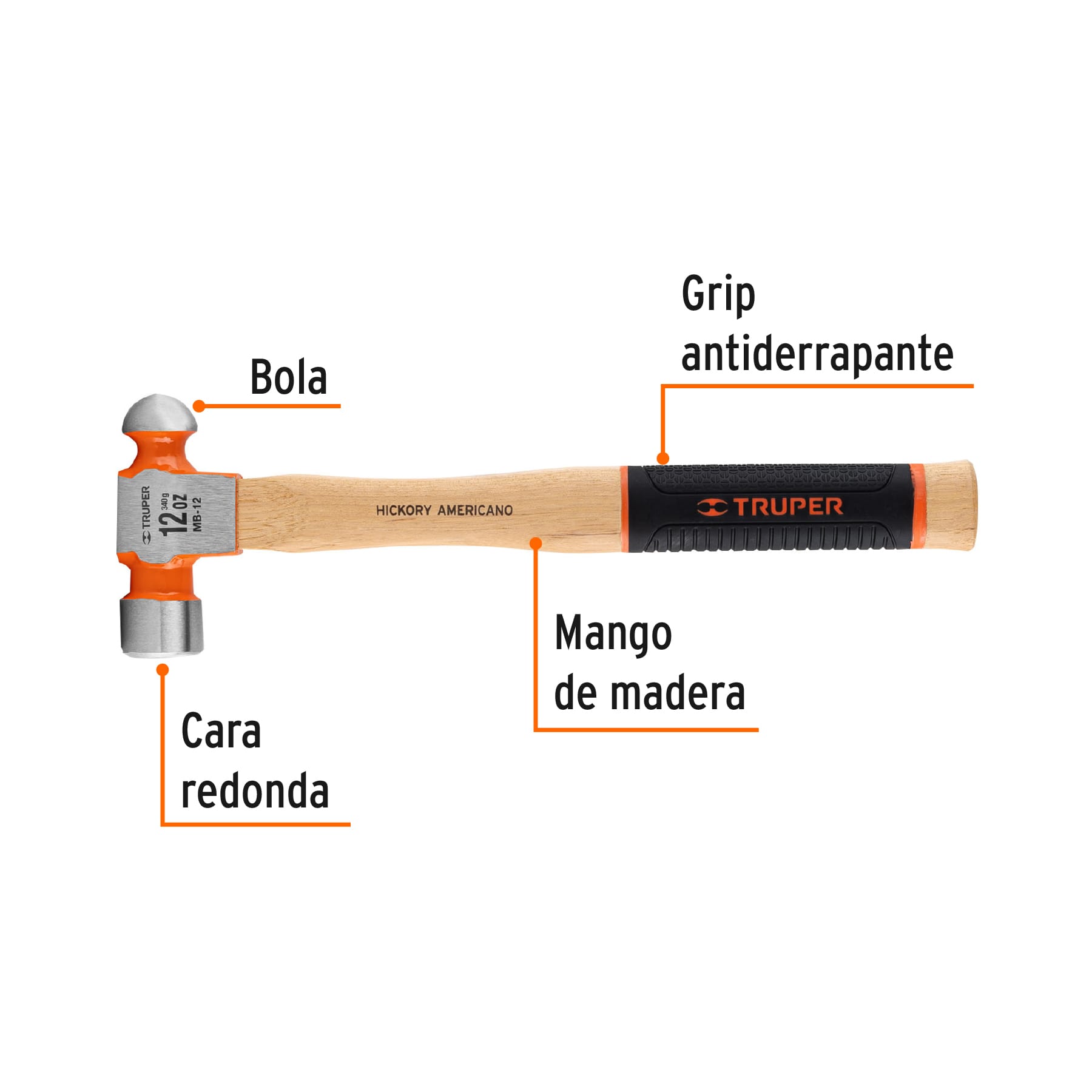 Martillo pulido de bola 12 oz mango hickory, TRUPER Grip - Imagen 3