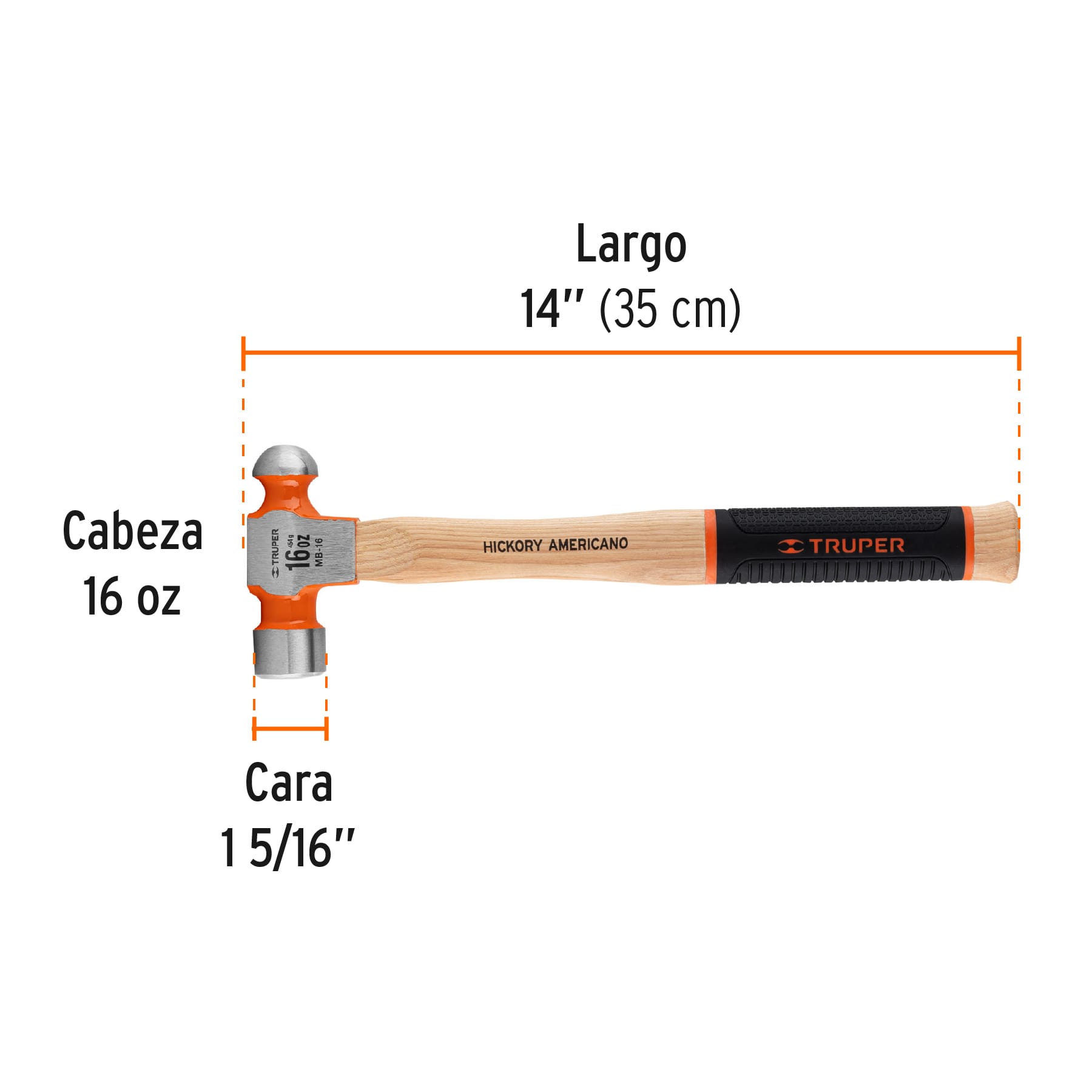 Martillo pulido de bola 16 oz mango hickory, TRUPER Grip - Imagen 4