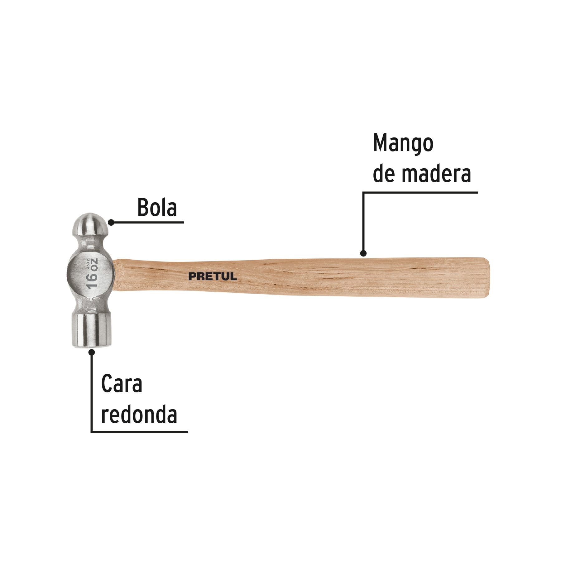 Martillo pulido de bola 16 oz mango madera, PRETUL - Imagen 3