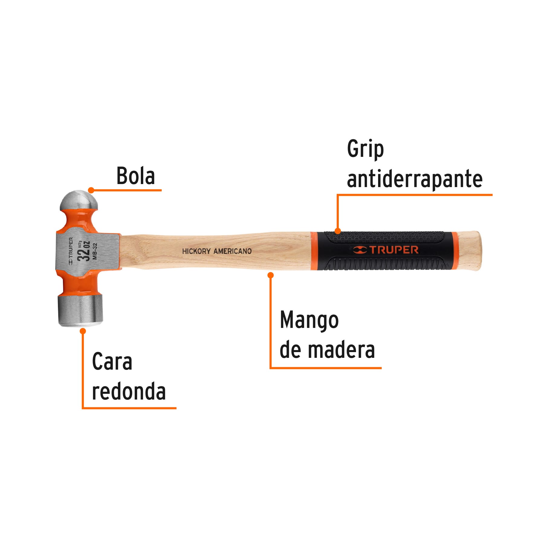 Martillo pulido de bola 32 oz mango hickory, TRUPER Grip - Imagen 3