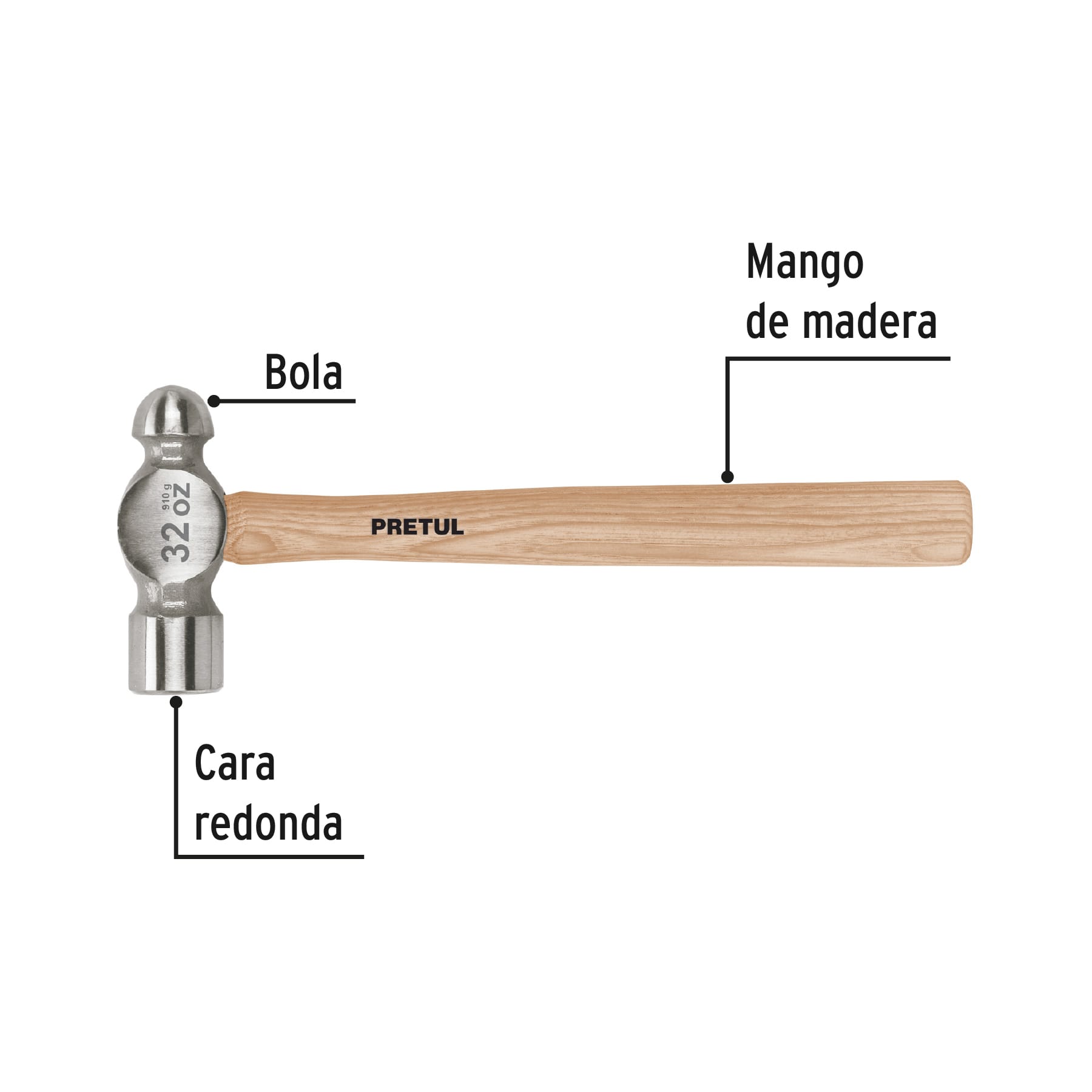 Martillo pulido de bola 32 oz mango madera, PRETUL - Imagen 3