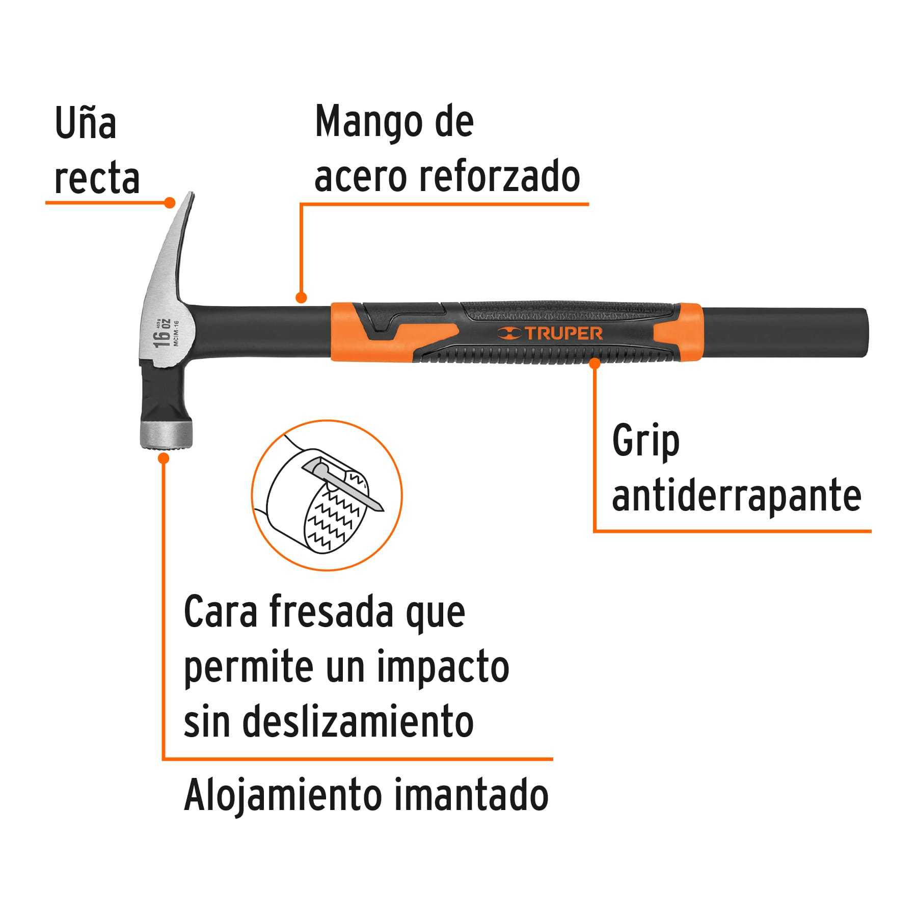 Martillo tubular para cimbra 16 oz uña recta, mango acero - Imagen 3