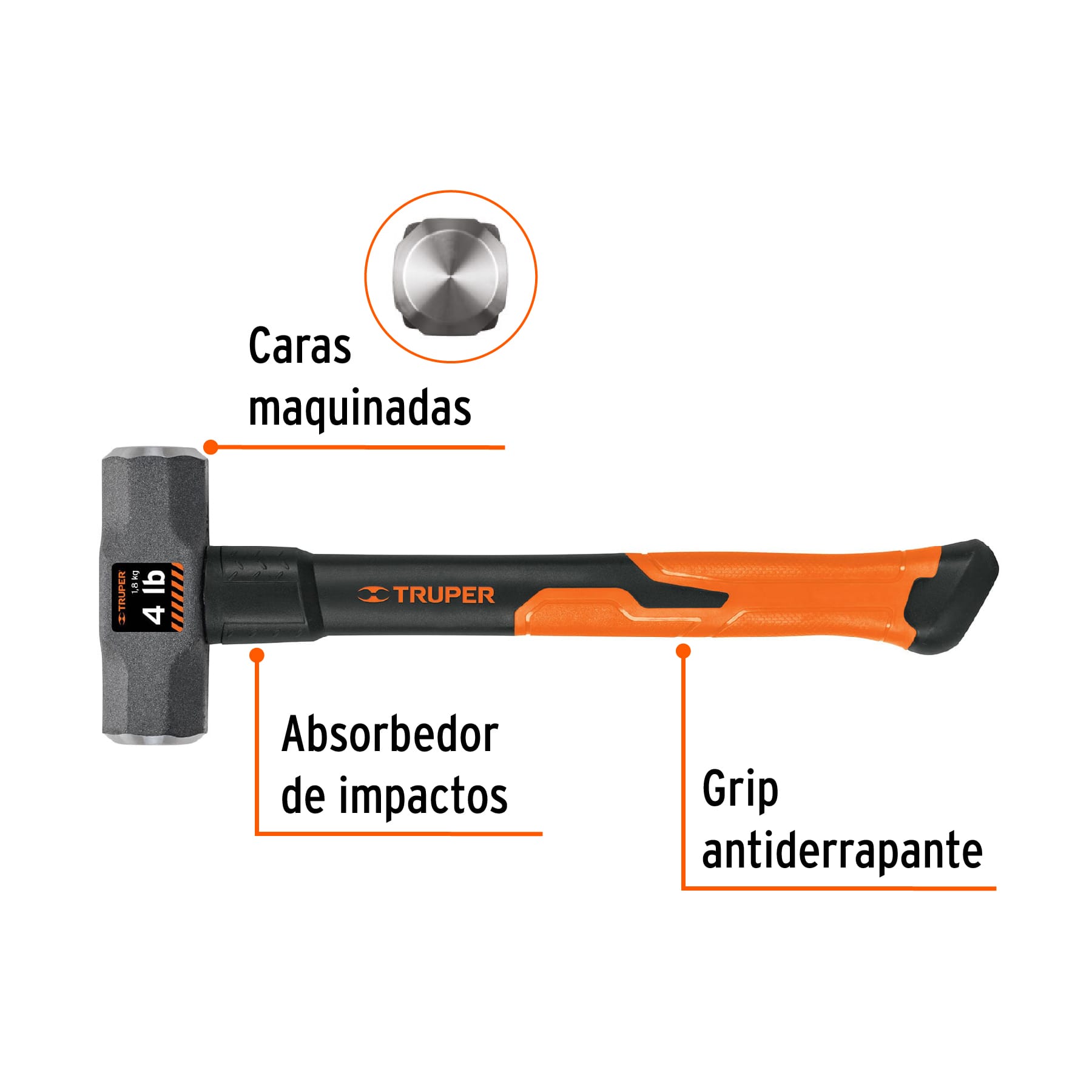 Marro octagonal 4 lb, mango de fibra de vidrio 14', TRUPER - Imagen 3