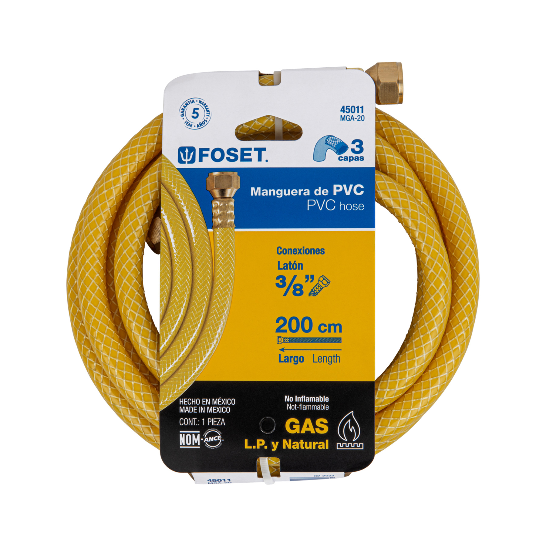 Manguera para gas, PVC amarilla, 3/8' flare, 2 m, FOSET - Imagen 6