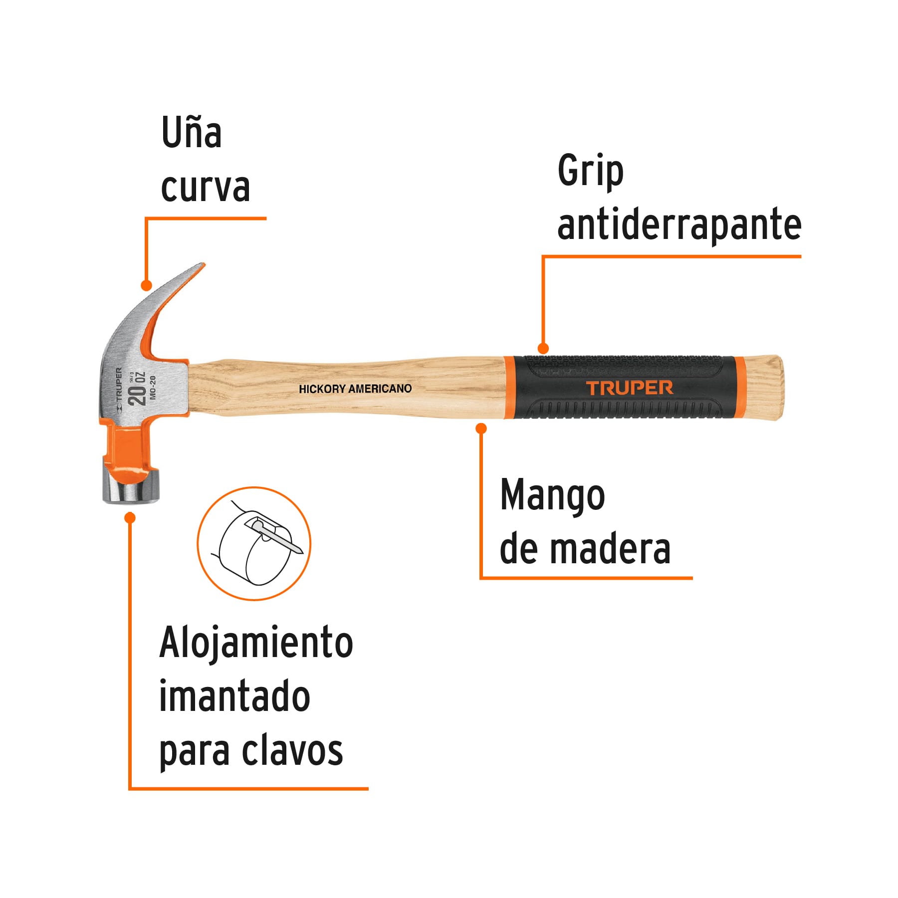 Martillo pulido 20 oz uña curva, mango hickory, TRUPER Grip - Imagen 3