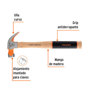 Martillo pulido 7 oz uña curva, mango hickory, TRUPER Grip - Imagen 3