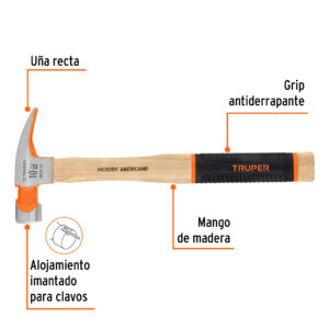 Martillo pulido 10 oz uña recta, mango hickory, TRUPER Grip - Imagen 3