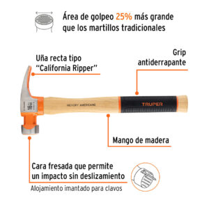 Martillo 16 oz uña recta tipo California Ripper, TRUPER Grip - Imagen 3