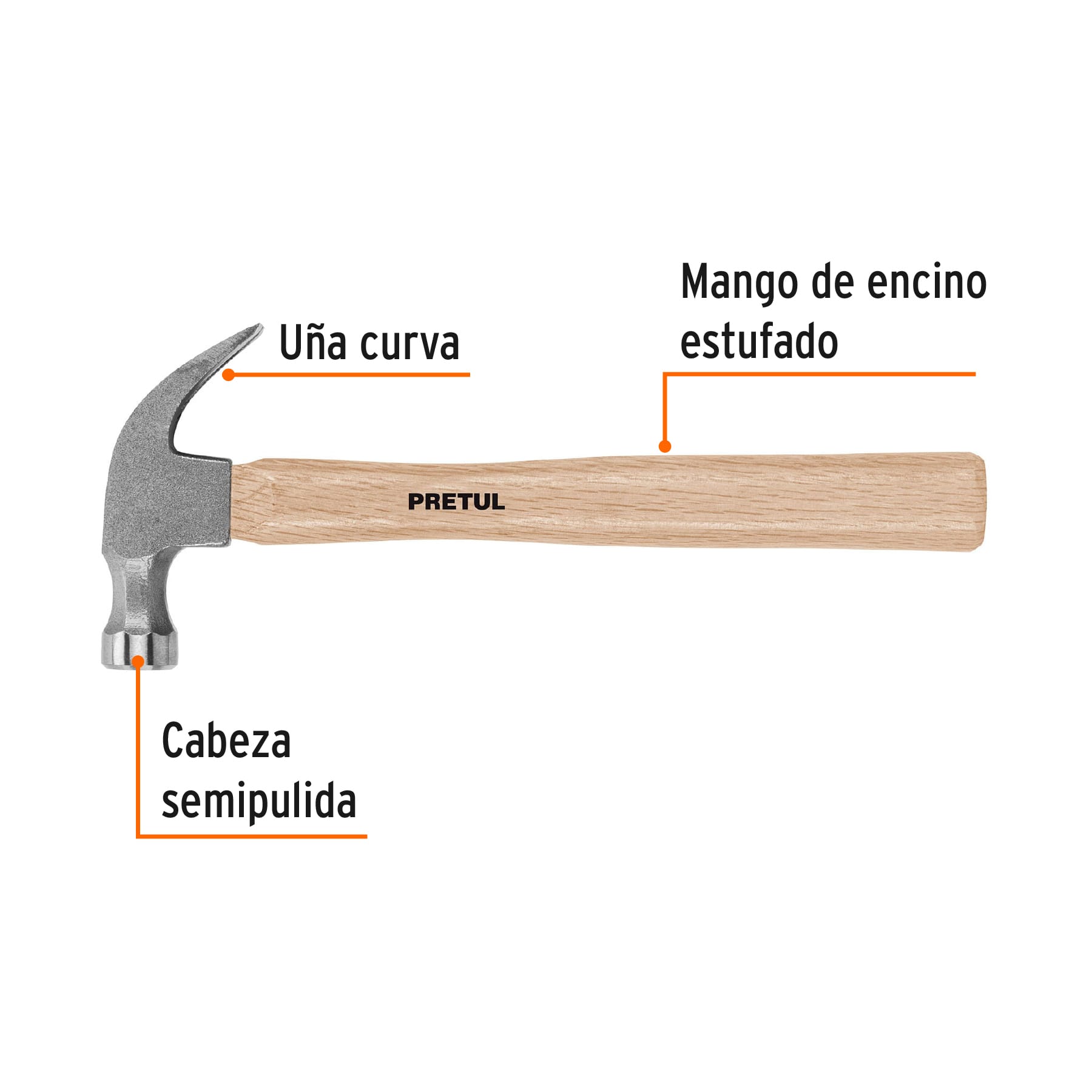 Martillo semipulido, 16 oz, uña curva, PRETUL - Imagen 3