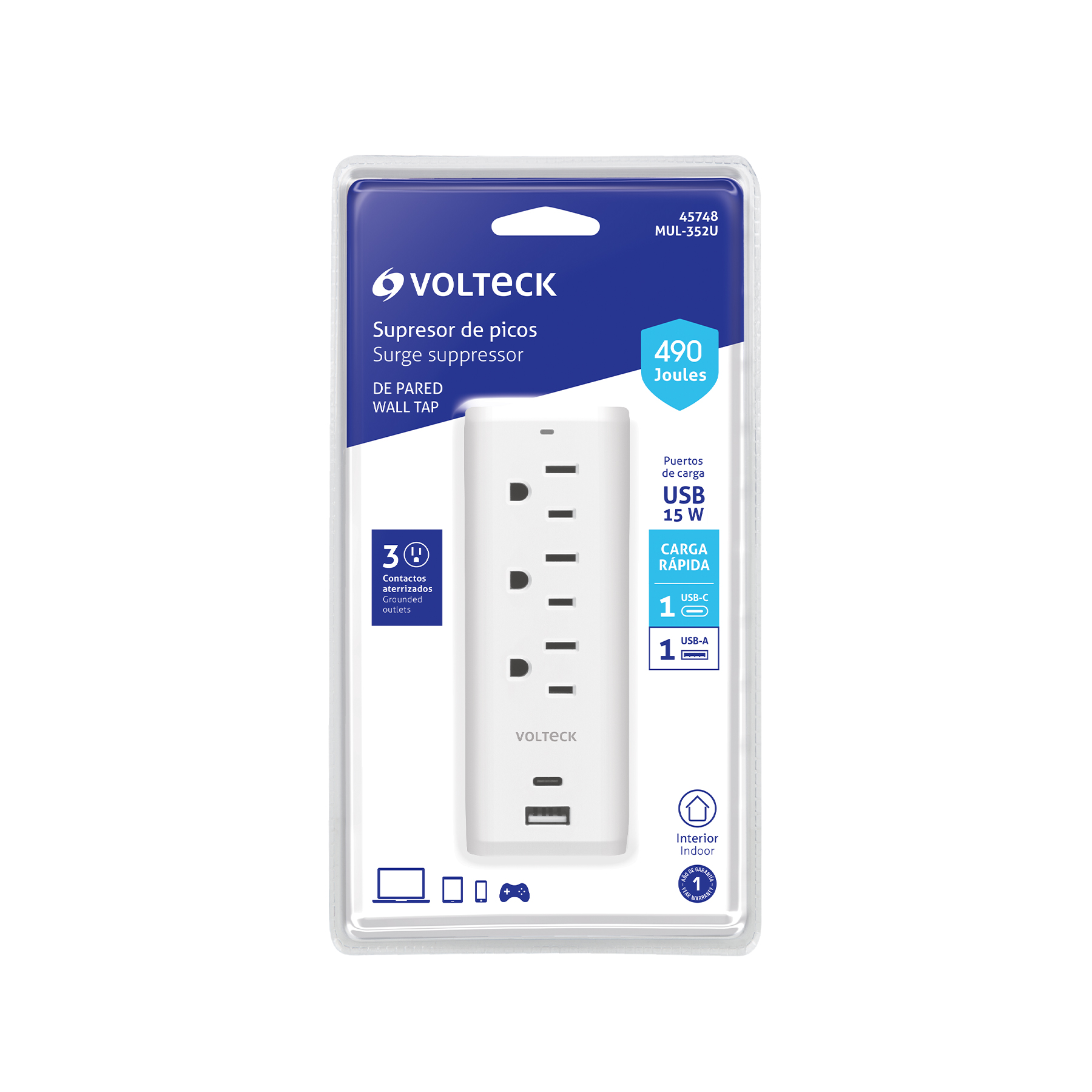 Multicontacto de pared, 490 Joules, 3 contactos y 2 USB A+C - Imagen 4