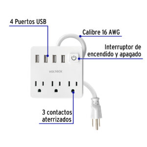 Multicontacto 16 AWG doméstico 3 entradas 4 ptos USB, blanco - Imagen 3