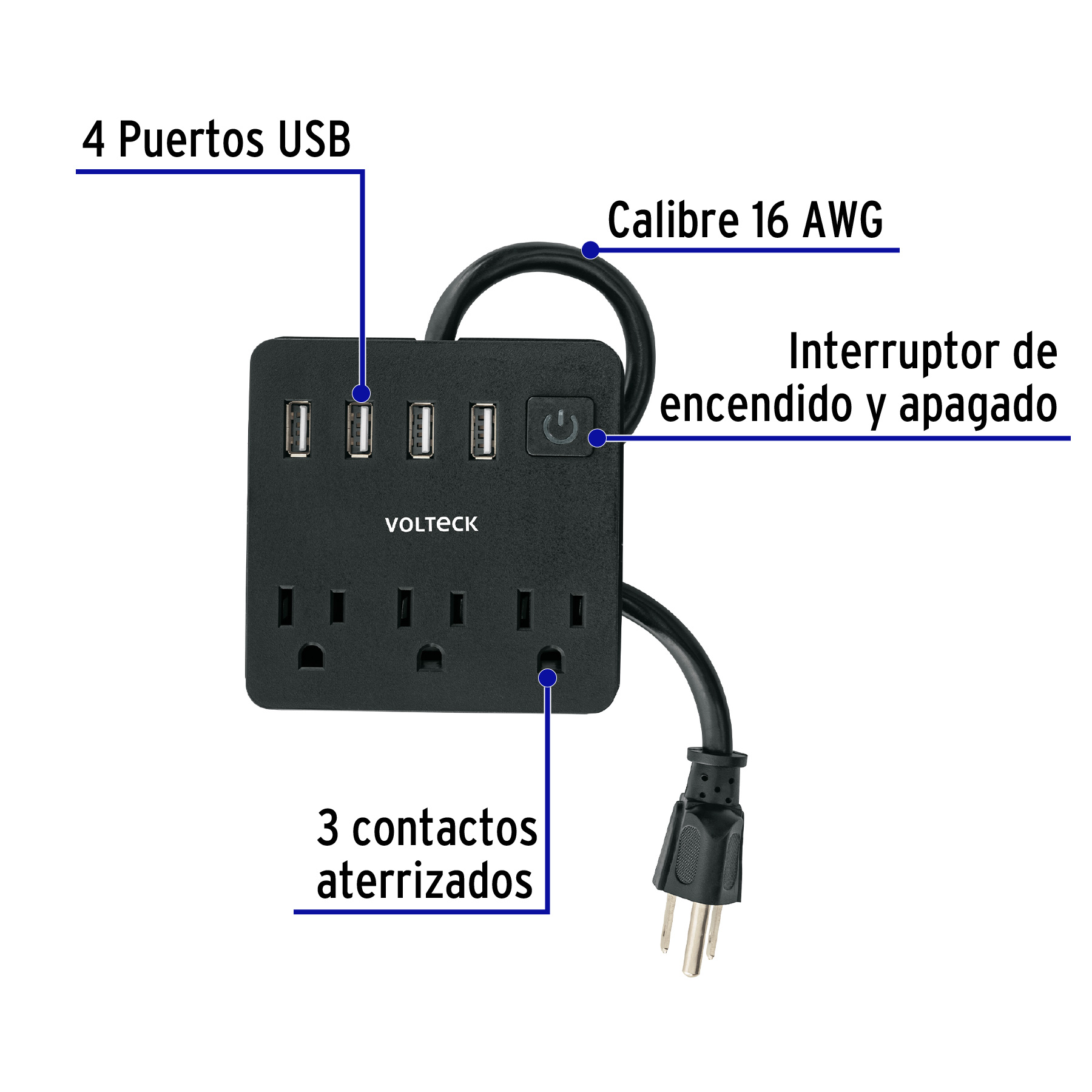 Multicontacto 16 AWG doméstico, 3 entradas 4 ptos USB, negro - Imagen 3