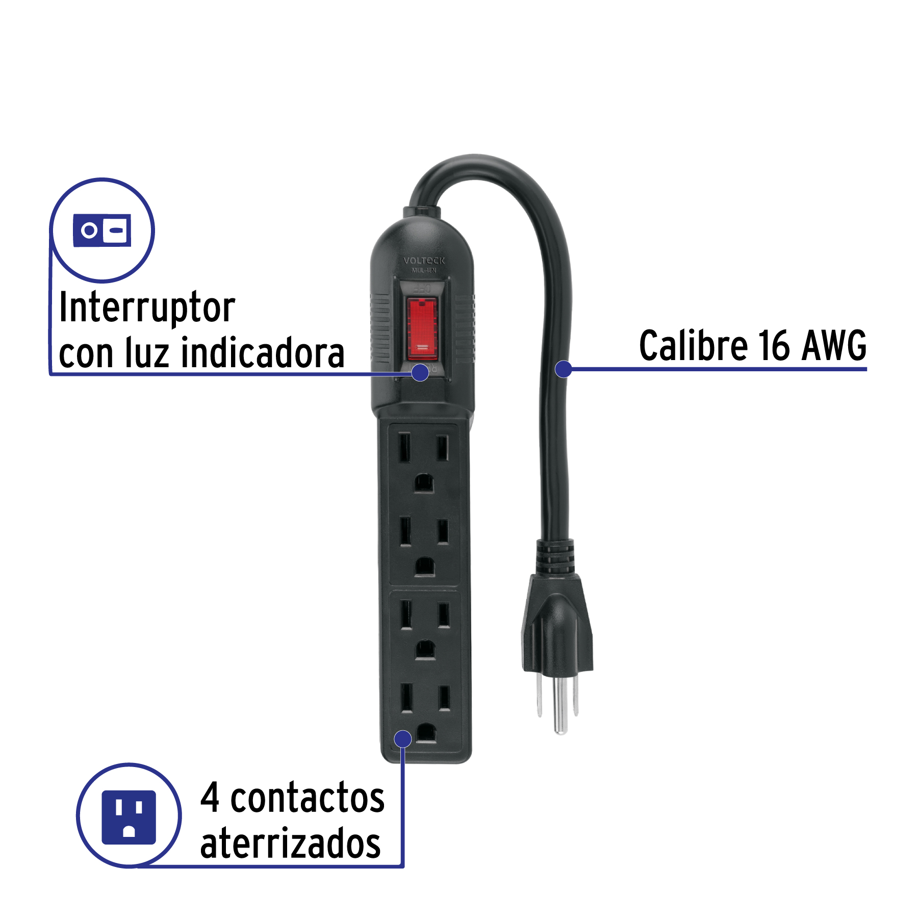 Multicontacto económico 4 entradas, negro, VOLTECK - Imagen 3