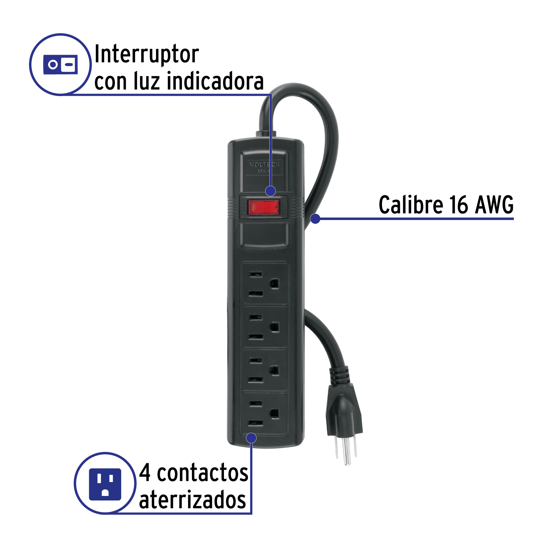 Multicontacto doméstico con 4 entradas, negro, VOLTECK - Imagen 3