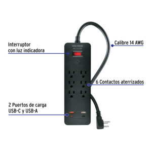 Multicontacto 6 entradas, 2 USB A + 2 USB C, negro, VOLTECK - Imagen 3