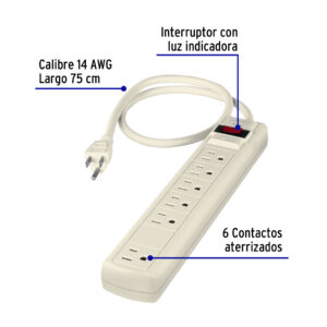 Multicontacto 14 AWG 6 entradas supresor de picos 270 joules - Imagen 3