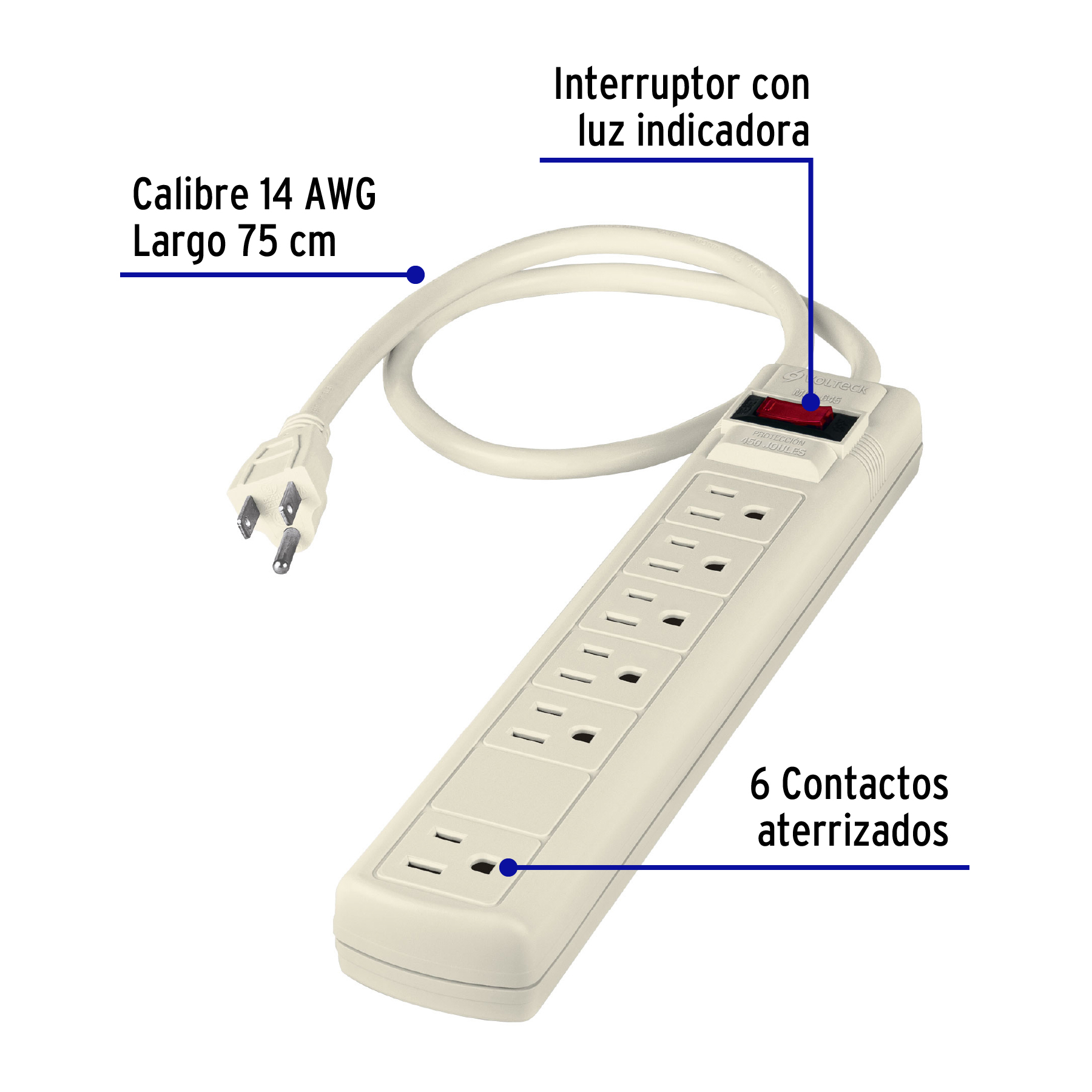 Multicontacto 14 AWG 6 entradas supresor de picos 450 joules - Imagen 3
