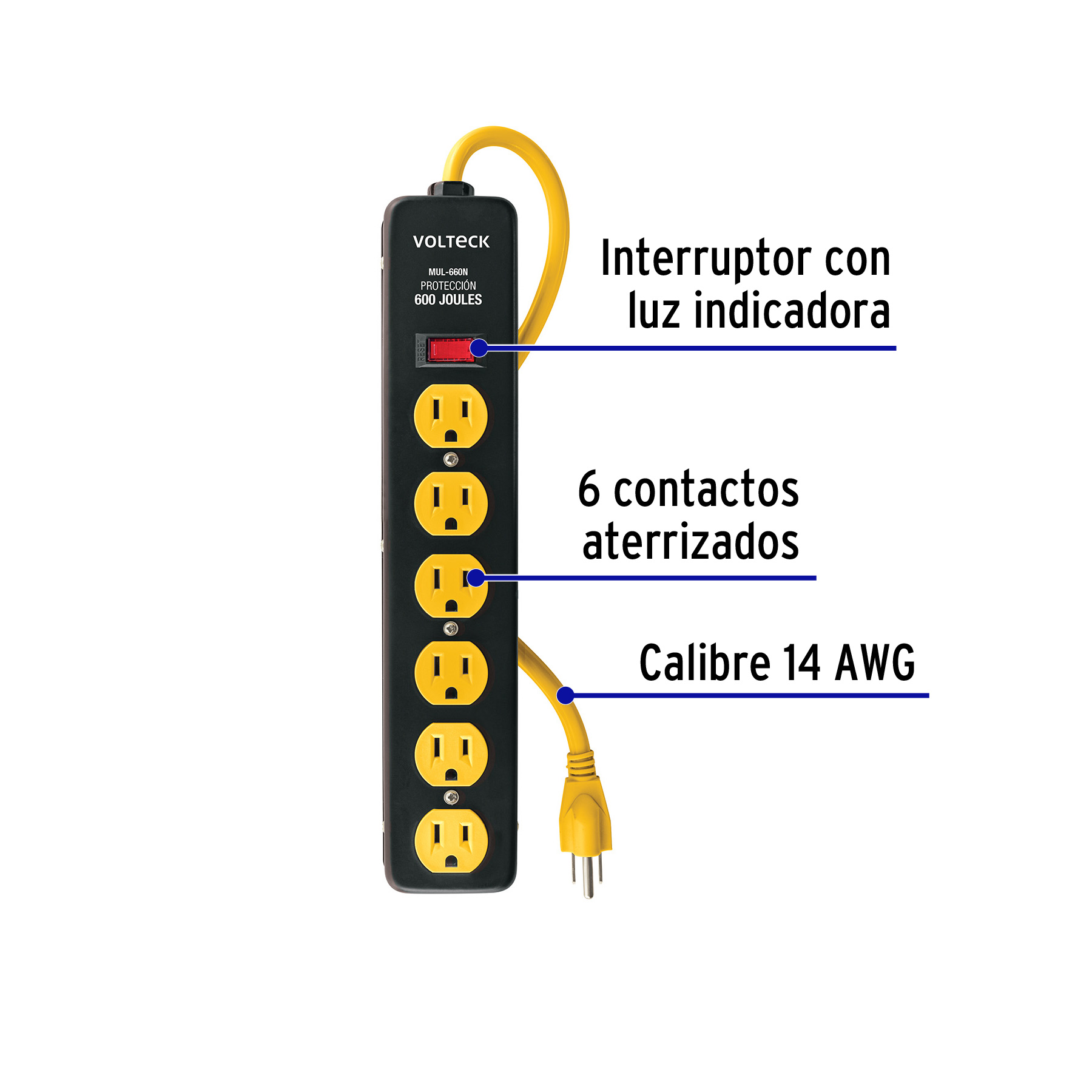 Multicontacto 14 AWG, 6 entradas sup. de picos 600 J, negro - Imagen 3