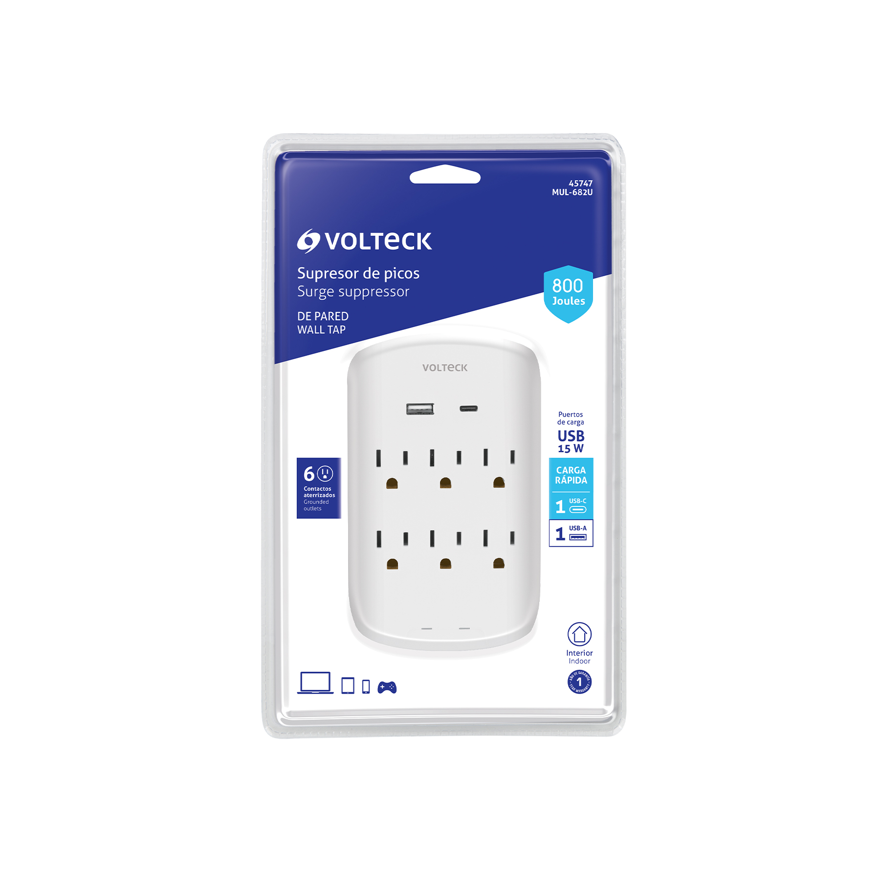 Multicontacto de pared, 800 Joules, 6 contactos y 2 USB A+C - Imagen 4