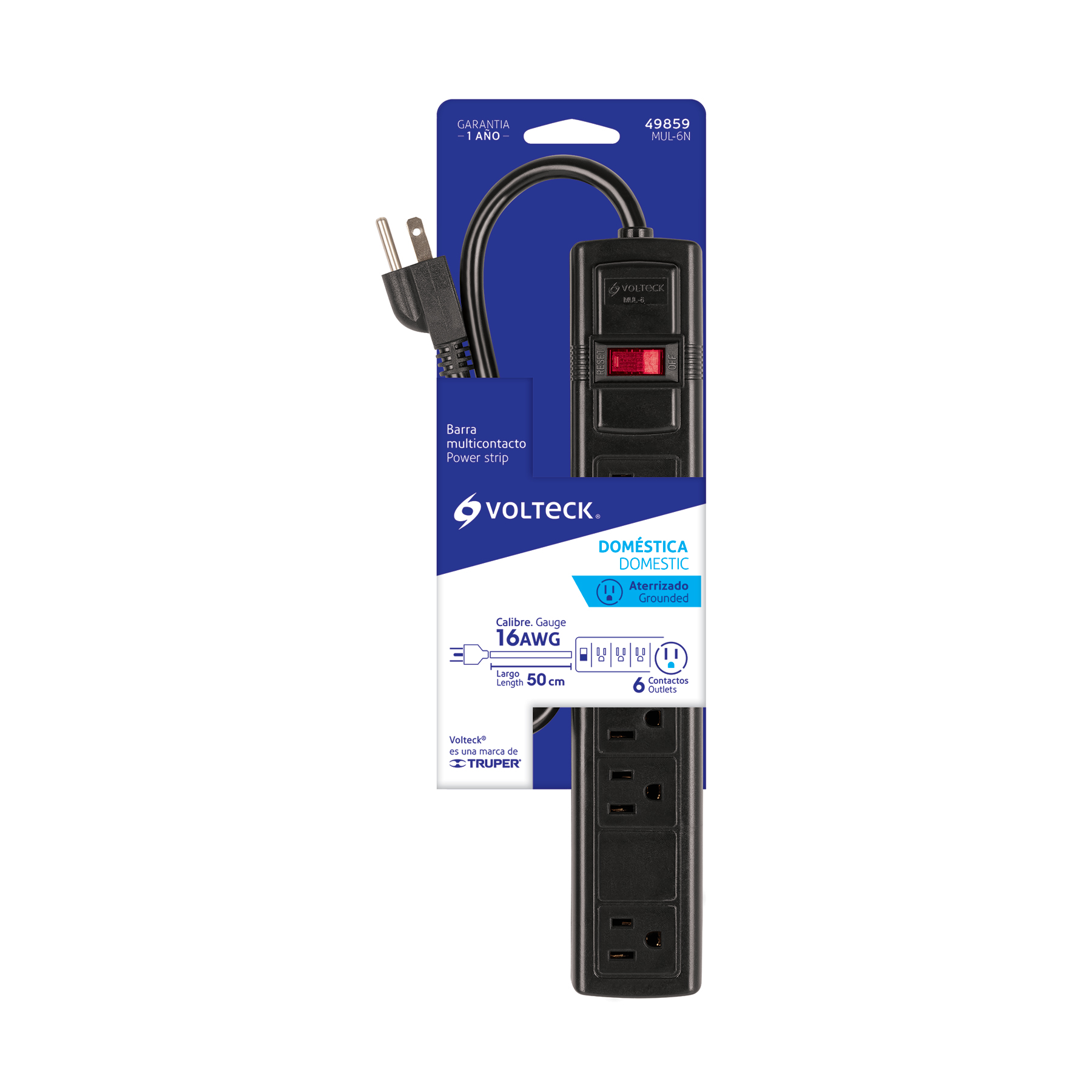 Multicontacto 16 AWG doméstico con 6 entradas, negro VOLTECK - Imagen 5
