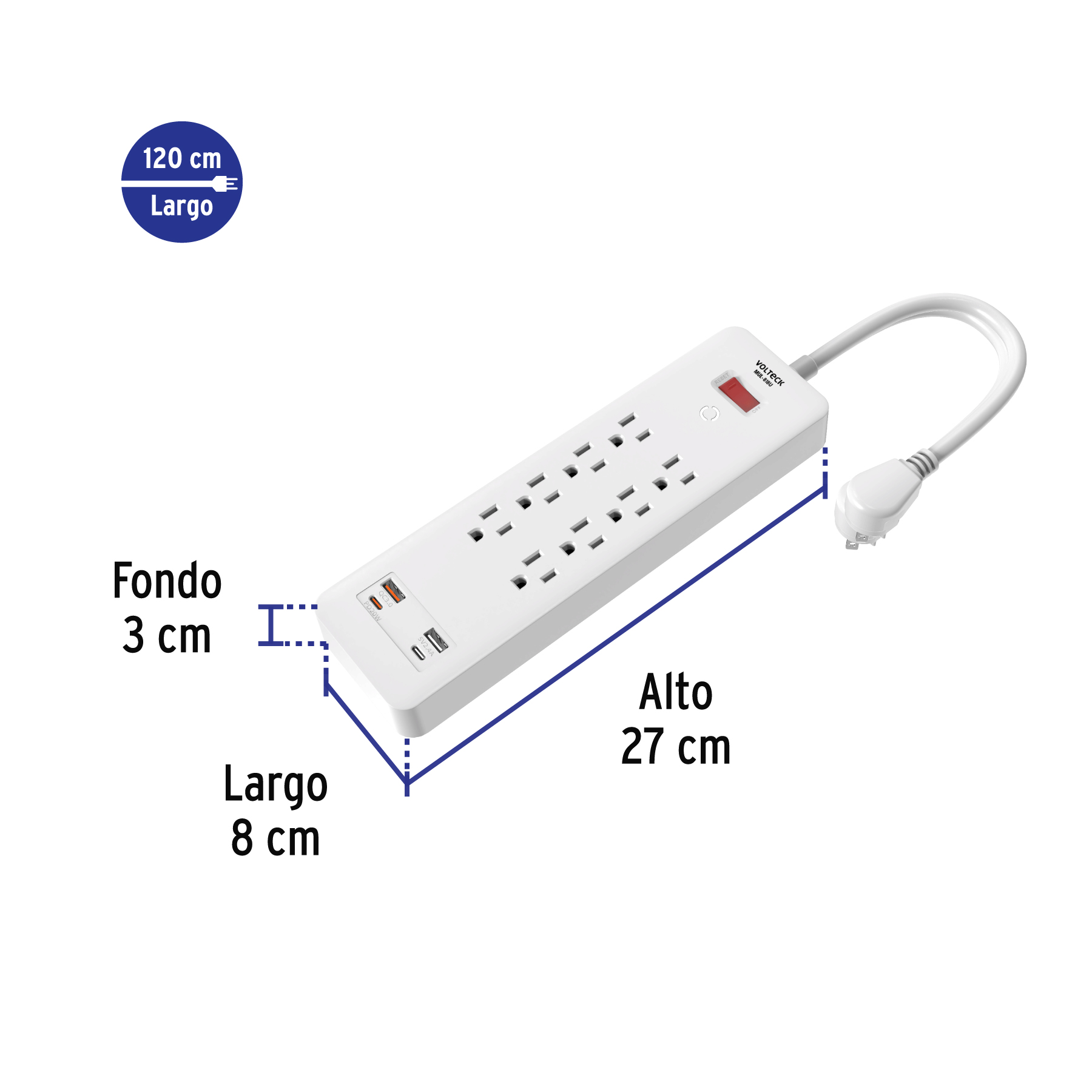 Multicontacto 8 entradas, 2 USB A + 2 USB C, blanco, VOLTECK - Imagen 3