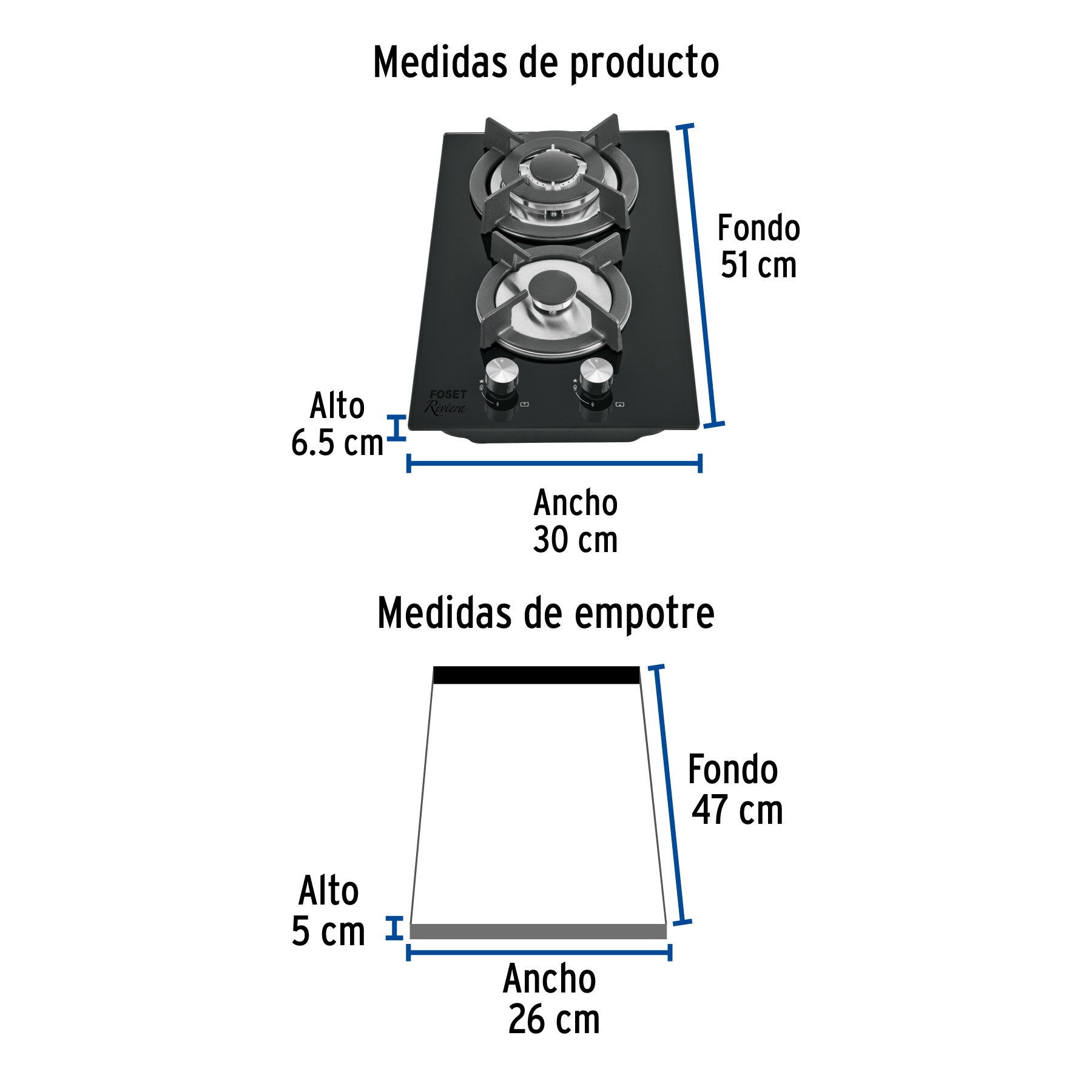 Parrilla gas empotrable 30cm, 2 quem, vidrio negro, RIVIERA - Imagen 5