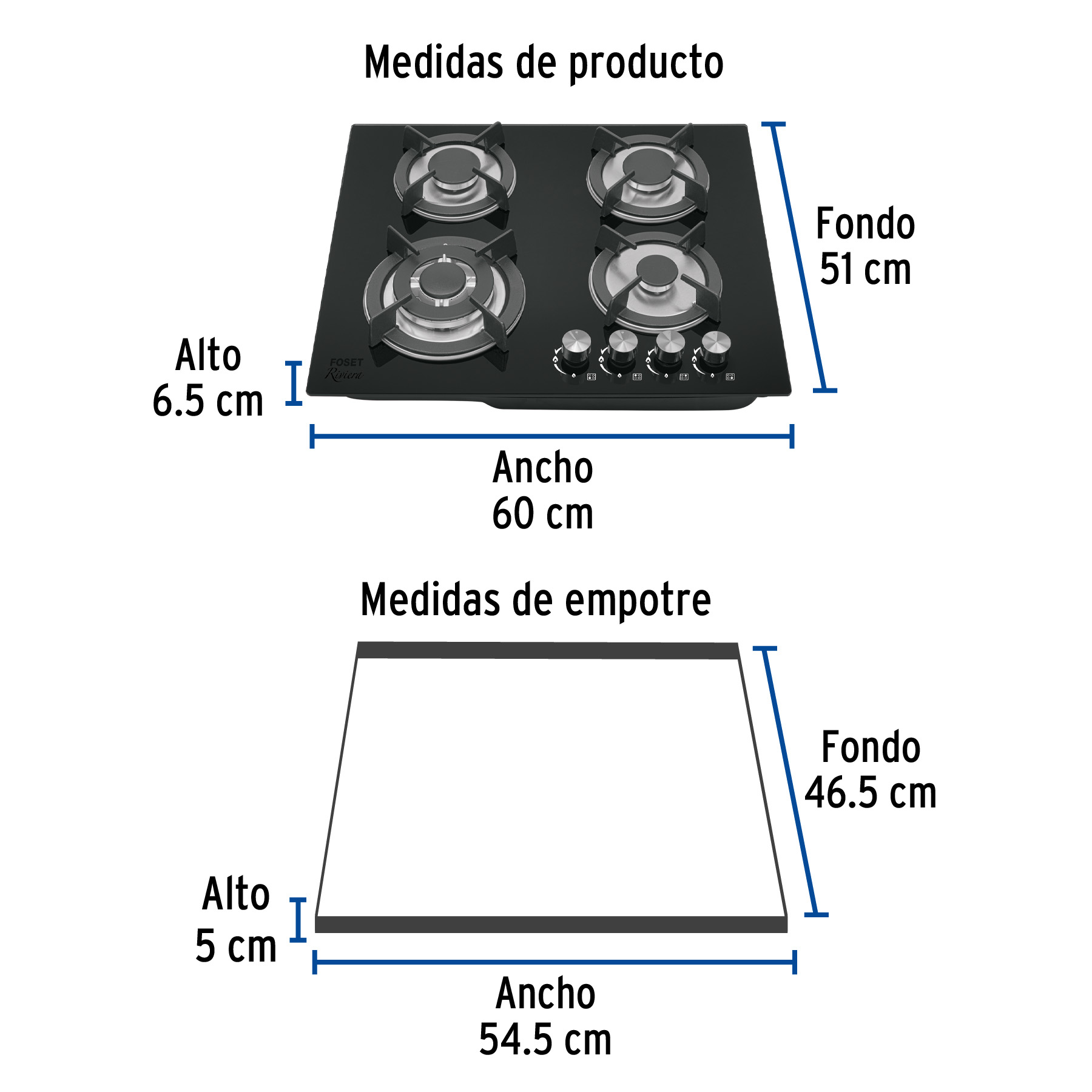 Parrilla gas empotrable 60cm, 4 quem, vidrio negro, RIVIERA - Imagen 4