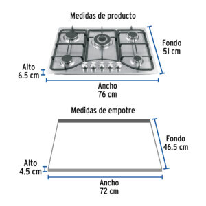 Parrilla gas empotrable 75cm, 5 quem, acero inox, RIVIERA - Imagen 4