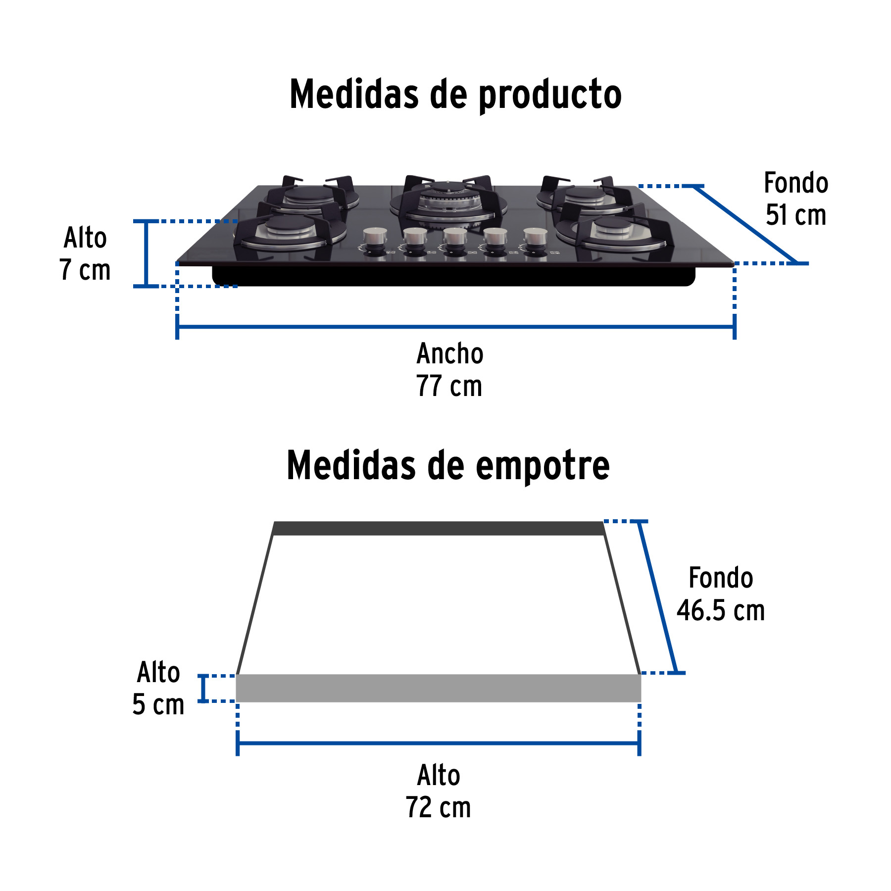 Parrilla gas empotrable 75cm, 5 quem, vidrio negro, RIVIERA - Imagen 4