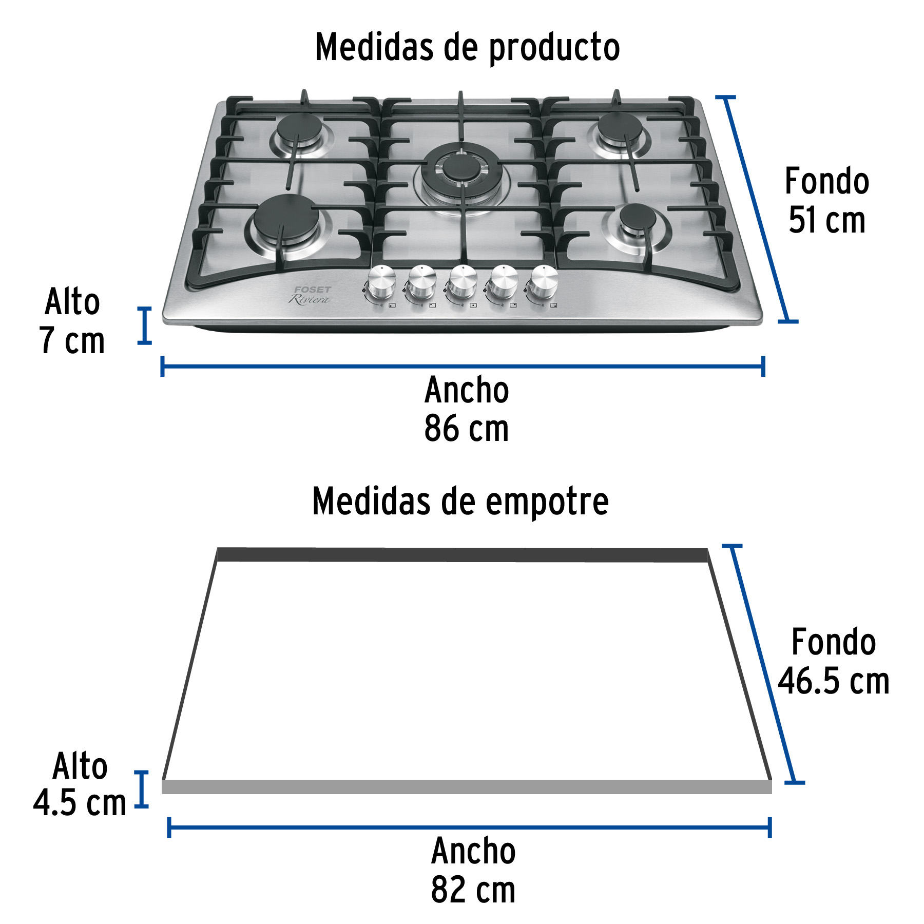 Parrilla gas empotrable 90cm, 5 quem, acero inox, RIVIERA - Imagen 4