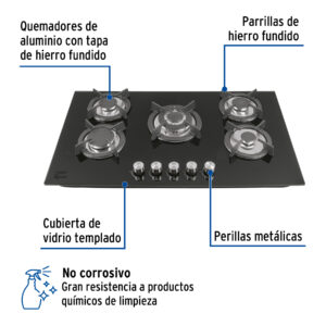 Parrilla gas empotrable 90cm, 5 quem, vidrio negro, RIVIERA - Imagen 3