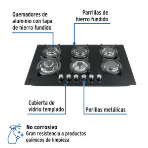 Parrilla gas empotrable 90cm, 6 quem, vidrio negro, RIVIERA - Imagen 3