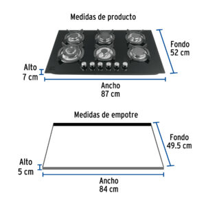 Parrilla gas empotrable 90cm, 6 quem, vidrio negro, RIVIERA - Imagen 4