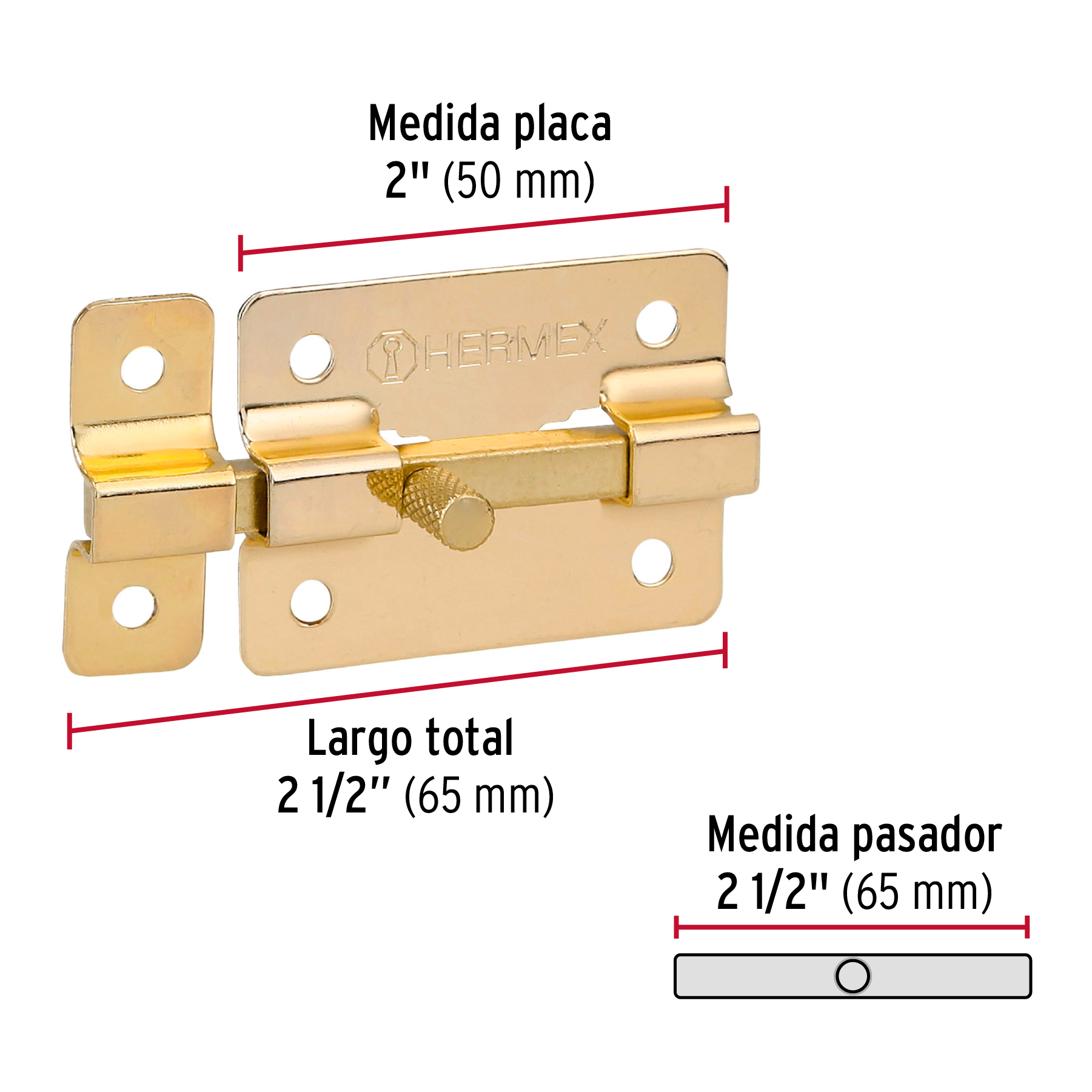 Pasador de barra plana 2' acabado latón, HERMEX - Imagen 4