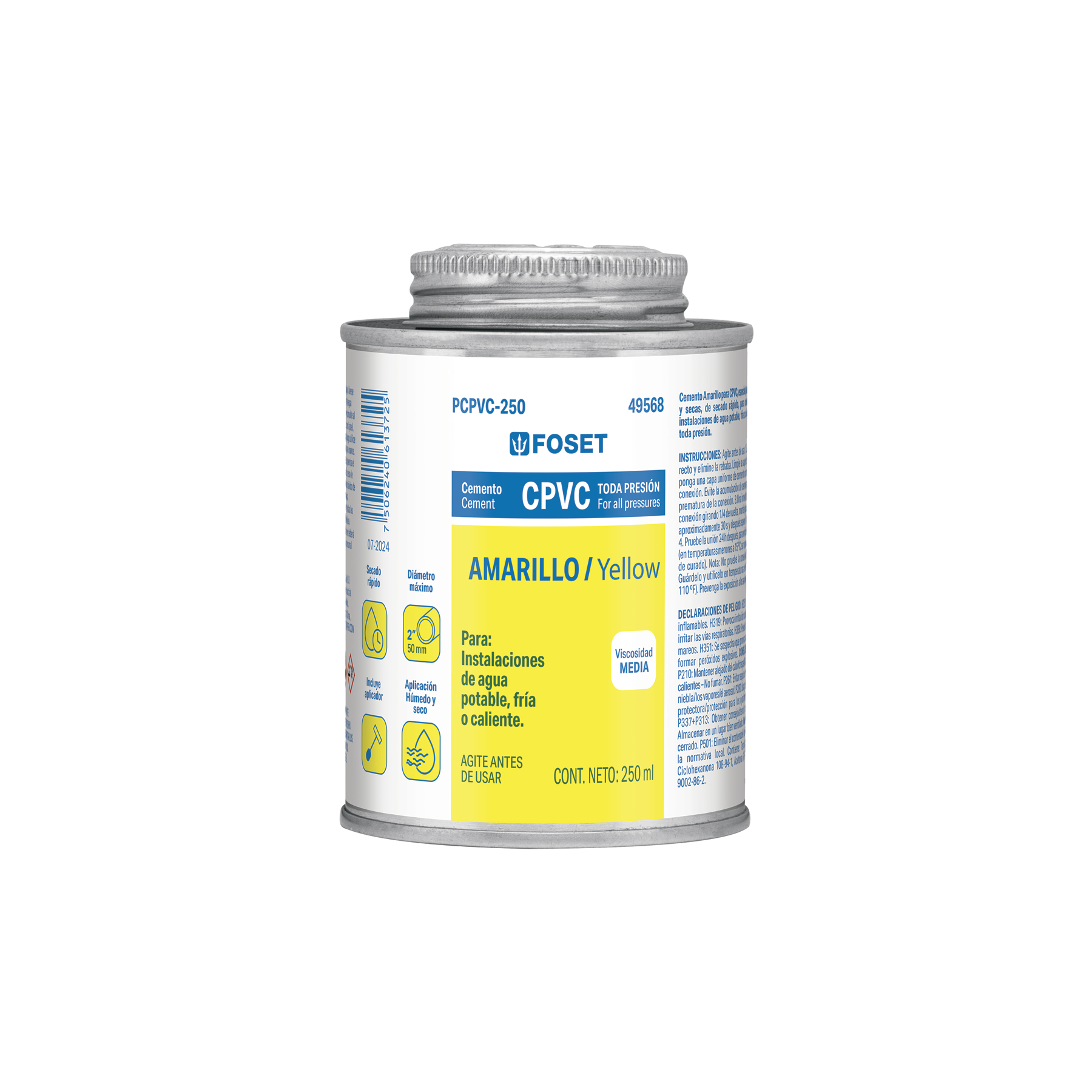 Cemento p/CPVC, amarillo, toda presión, lata 250ml, FOSET - Imagen 2