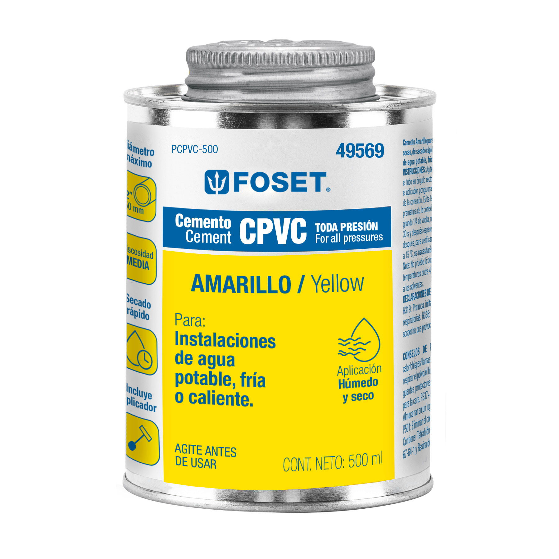 Cemento p/CPVC, amarillo, toda presión, lata 500ml, FOSET - Imagen 2