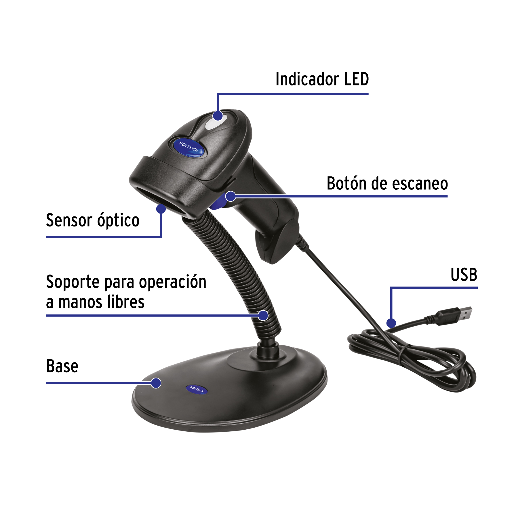 Lector de código de barras 2D, alámbrico, USB, VOLTECK - Imagen 3