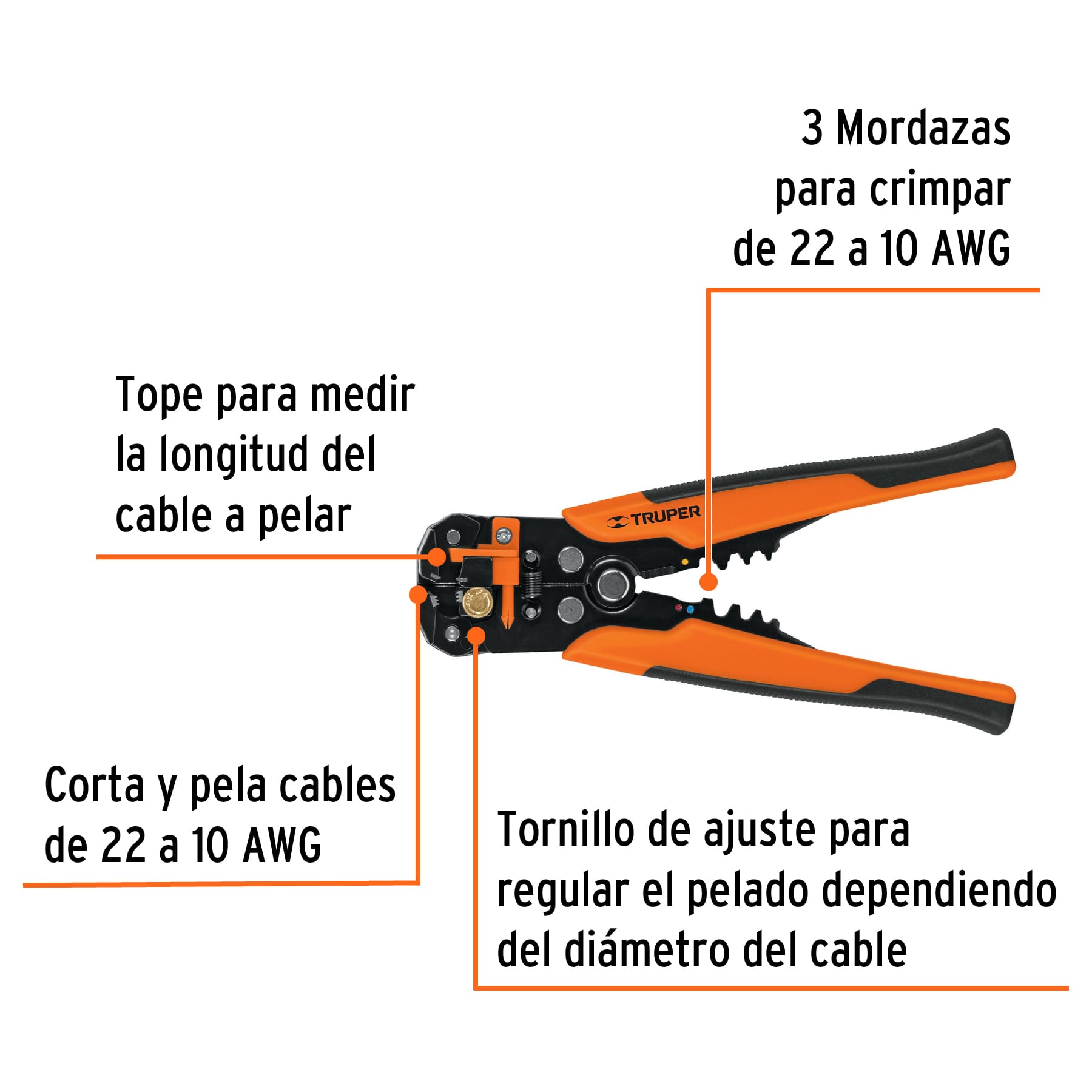 Pinza 8' pela cables automática, 22 a 10 AWG, TRUPER - Imagen 3