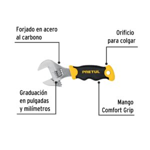 Llave ajustable (perico corto) 6' cromada con grip, PRETUL - Imagen 3